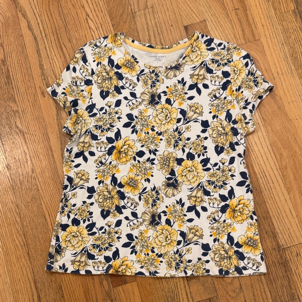 Laura Scott Yellow and Blue Floral Cotton Top Petite Large - Picture 4 of 7